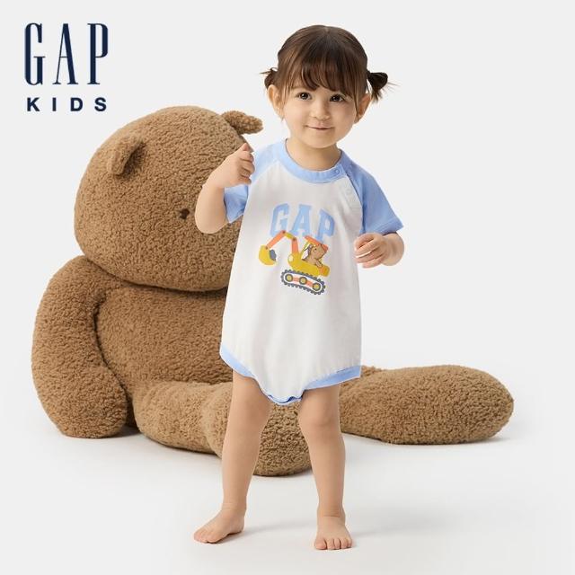 【GAP】嬰兒裝 Logo純棉印花圓領短袖包屁衣-藍色(774571)