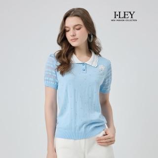 【ILEY 伊蕾】撞色POLO領縲縈針織上衣(淺藍；M-XL；1251405008)