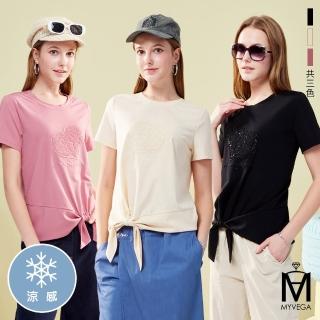 【MYVEGA 麥雪爾】MA涼感彈力愛心手工縫珠綁帶上衣-共三色(女上衣/涼感/短袖/綁帶上衣)