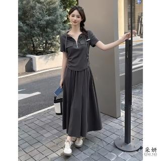 【CHAI YAN 採妍】二件式 拉鍊蕾絲抽繩連帽短袖上衣+全腰鬆緊A字長裙(春夏新款套裝-65-78公斤可穿)