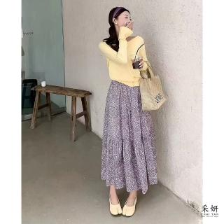 【CHAI YAN 採妍】拼接三節碎花全腰鬆緊長裙(春夏新款長裙-65-78公斤可穿)