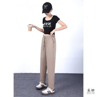 【CHAI YAN 採妍】冰絲抽繩鬆緊腰立體字母印花直筒休閒長褲(春夏新款長褲-65-78公斤可穿)
