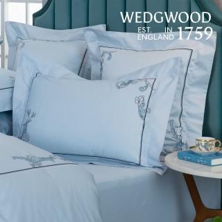 【WEDGWOOD】600織埃及棉 刺繡歐式枕套一件｜鳳羽雲霓 幻影藍(百貨款｜51x71cm)