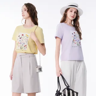 【en-suey 銀穗】網路限定變化領羅紋花卉印圖短袖上衣-女