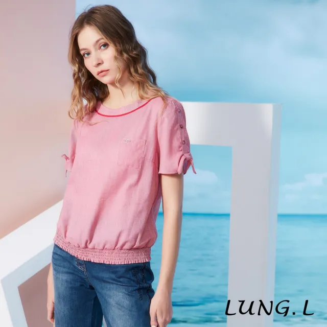 【LUNG.L 林佳樺】LR90A 紅色超細格紋袖綁結棉質短袖女裝上衣(春夏新品)