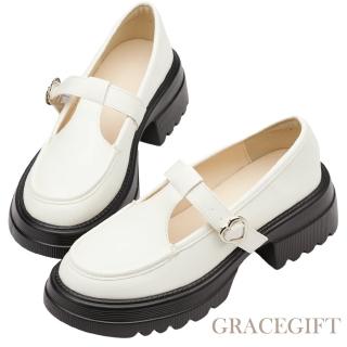 【Grace Gift】通勤步伐T字愛心扣輕量厚底瑪莉珍鞋(米白)