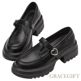 【Grace Gift】通勤步伐T字愛心扣輕量厚底瑪莉珍鞋(黑)