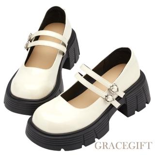 【Grace Gift】日系學院2WAY愛心雙帶輕量厚底瑪莉珍鞋(米白)