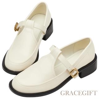 【Grace Gift】倫敦時尚皮帶扣T字粗跟瑪莉珍鞋(米白)