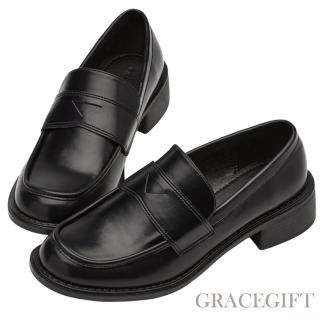 【Grace Gift】美式校園粗跟便仕樂福鞋(黑)