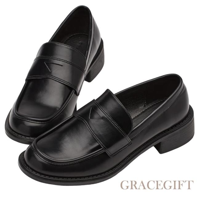 【Grace Gift】美式校園粗跟便仕樂福鞋(黑)