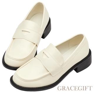 【Grace Gift】美式校園粗跟便仕樂福鞋(米白)