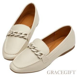 【Grace Gift】文青小方頭鍊條平底樂福鞋(米白)