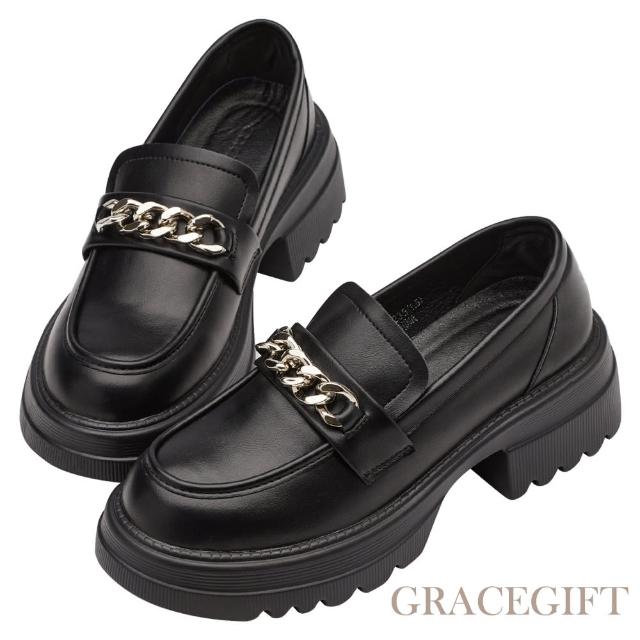 【Grace Gift】個性氣場鏈條輕量厚底樂福鞋(黑)