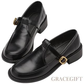 【Grace Gift】倫敦時尚皮帶扣T字粗跟瑪莉珍鞋(黑)