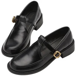 【Grace Gift】倫敦時尚皮帶扣T字粗跟瑪莉珍鞋(黑)