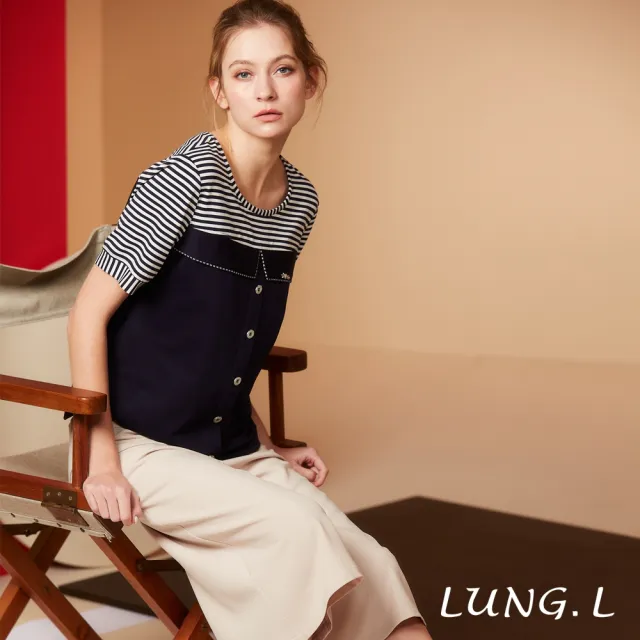 【LUNG.L 林佳樺】LS41A 黑白條紋拼接藍色假門襟短袖棉質女裝上衣(春夏新品)