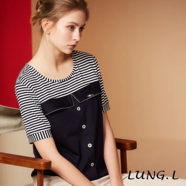 【LUNG.L 林佳樺】LS41A 黑白條紋拼接藍色假門襟短袖棉質女裝上衣(春夏新品)