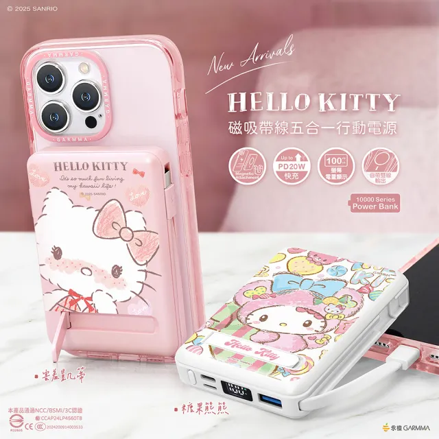 【GARMMA】五合一 IK-7CDW16 10000mAh 雙孔輸出/多功能/磁吸帶線行動電源 38.5Wh  三麗鷗家族(自帶線)