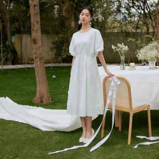【OB 嚴選】氣質船領緹花刺繡腰打摺洋裝 《DA10375》