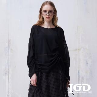 【IGD 英格麗】速達-網路獨賣款-個性抽繩雪紡造型上衣(黑色)