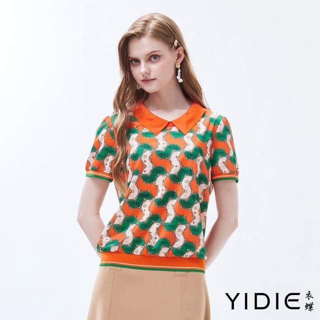 【YIDIE 衣蝶】撞色幾何圖案亮鑽造型上衣-柑