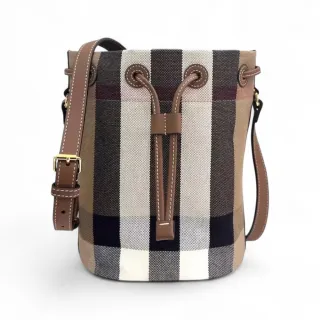 【BURBERRY 巴寶莉】經典格紋麻棉肩/斜背水桶包(灰褐)