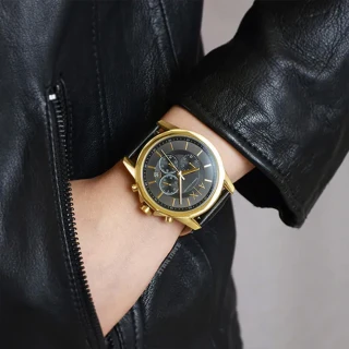【A|X Armani Exchange】金框 黑面 三眼計時 黑色皮革 手錶 男錶 42mm 雙12 AX7133