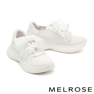 【MELROSE】美樂斯 奢華婚紗珍珠蝴蝶結牛皮拼接飛織布厚底休閒鞋(白)