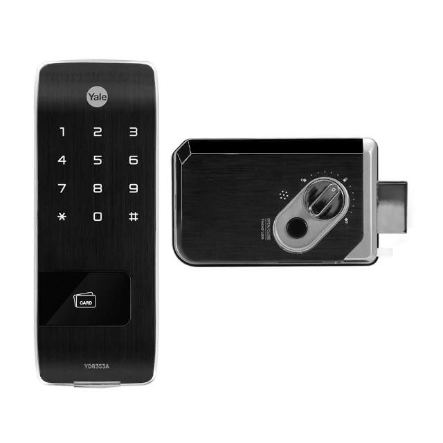 Yale耶魯 YDR-353A 電子輔助鎖，提供密碼與感應卡雙重開門方式，支援悠遊卡、一卡通或耶魯專用卡，最多可登入100張感應卡。密碼設定4-10位數，無指紋功能，適用門厚3.5-7.5cm，使用4顆AA鹼性電池供電，緊急電源為9V電池。產地越南，享三年保固，NCC認證CCAN23LP0740T1，安全便捷的居家門鎖選擇。