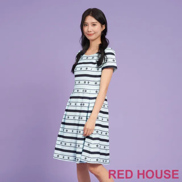 【RED HOUSE 蕾赫斯】甜美花朵條紋印花洋裝(淺綠色)