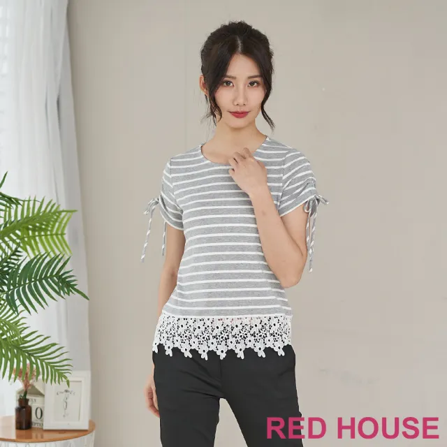 【RED HOUSE 蕾赫斯】蕾絲拼接條紋T-shirt(灰色)