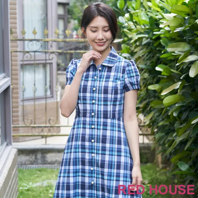 【RED HOUSE 蕾赫斯】都會感珍珠釦格紋襯衫洋裝(深藍色)