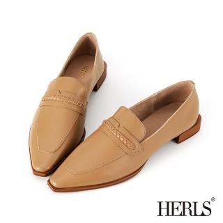 【HERLS】樂福鞋-全真皮編織橫帶尖頭低跟樂福鞋(棕色)