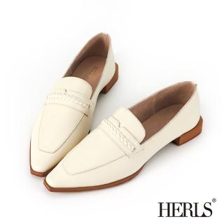 【HERLS】樂福鞋-全真皮編織橫帶尖頭低跟樂福鞋(白色)