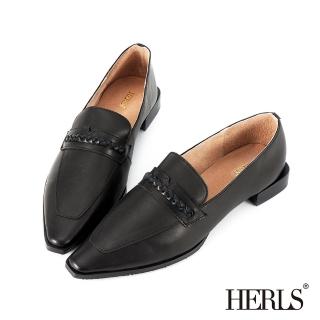 【HERLS】樂福鞋-全真皮編織橫帶尖頭低跟樂福鞋(黑色)