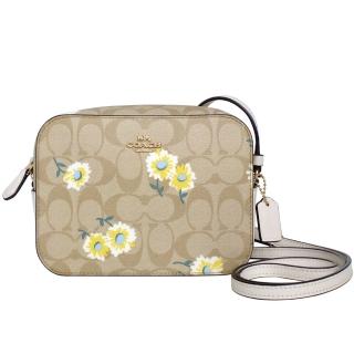 【COACH】淺卡C Logo白邊雛菊花印方型斜背相機包(迷你)
