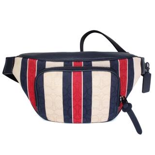 【COACH】淺卡仿金C Logo前口袋弧形男士腰包(紅藍直紋)