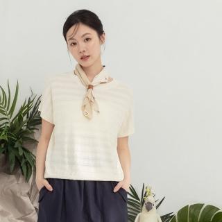 【MOSS CLUB】素色立體波紋連袖圓領短袖針織上衣(黑 卡 杏/魅力商品)