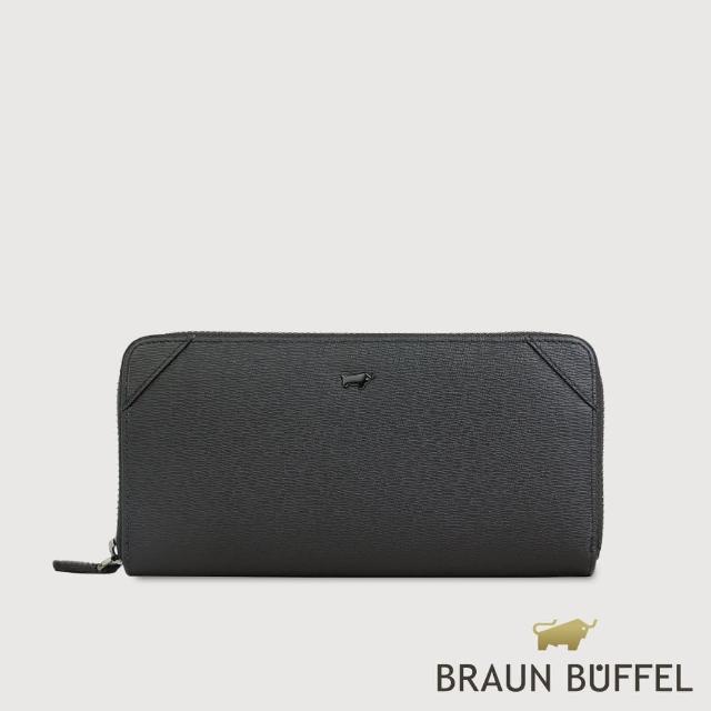 【BRAUN BUFFEL 德國小金牛】台灣總代理 斯萊特-A 8卡拉鍊長夾-黑色(BF565-601-BK)