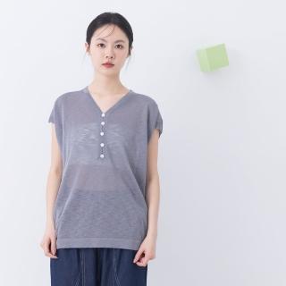 【MOSS CLUB】仿麻感V領半開襟短袖針織上衣(黑 白 灰/魅力商品)