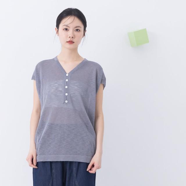 【MOSS CLUB】仿麻感V領半開襟短袖針織上衣(黑 白 灰/魅力商品)