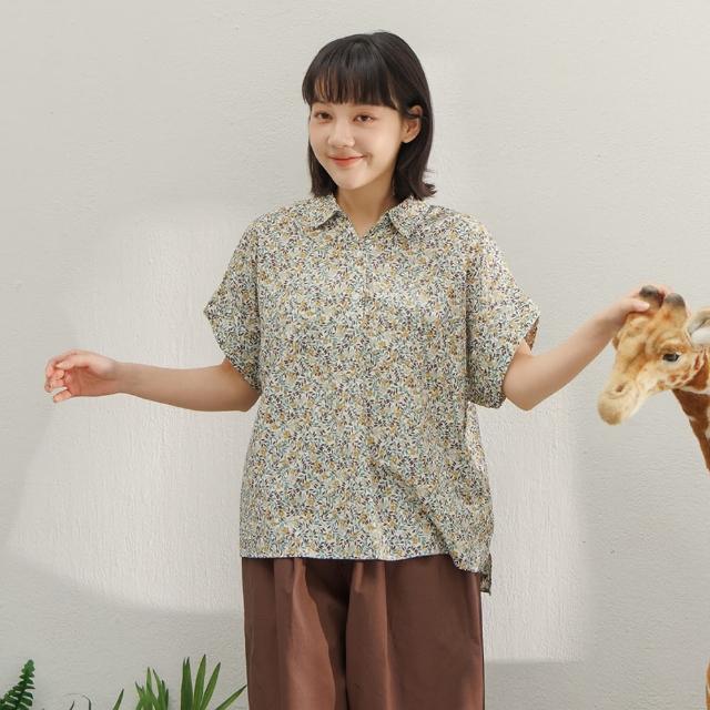 【MOSS CLUB】日本布碎花半開襟有領短袖上衣(淺藍 深藍 黃)