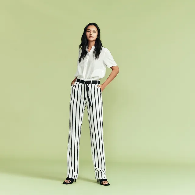 【ICHE 衣哲】Cop.Copine法式簡約風條紋顯瘦直筒造型長褲