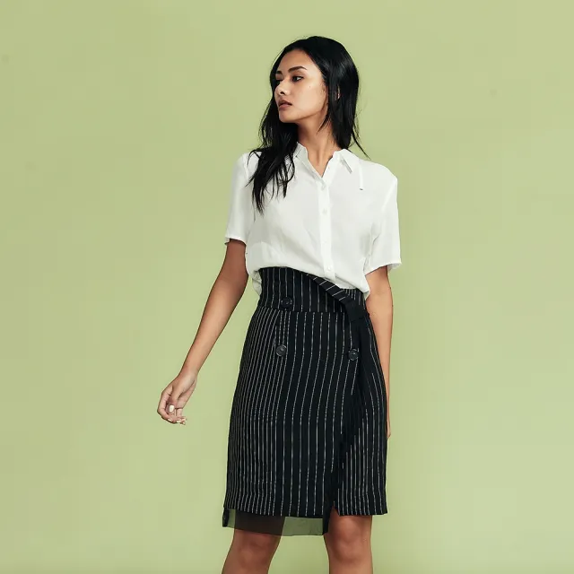 【ICHE 衣哲】Cop.Copine法式簡約風條紋拼接鉛筆造型及膝裙