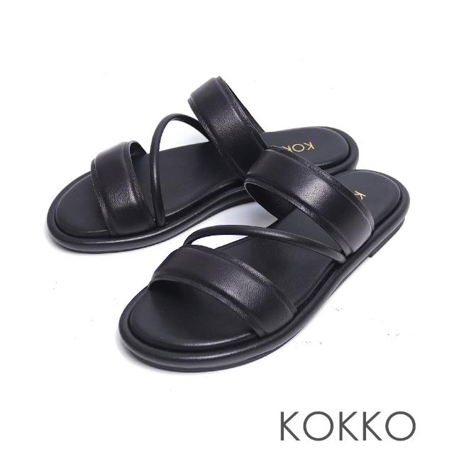 【KOKKO】簡約寬帶柔軟綿羊皮厚底涼拖鞋(黑色)
