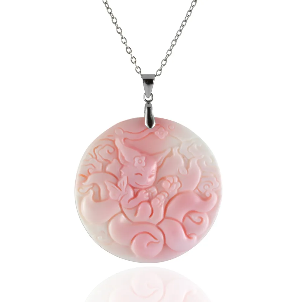 【Woogie武吉珠寶】天然粉嫩女王貝雕刻錦鯉九尾項鍊(銀扣編繩可選)