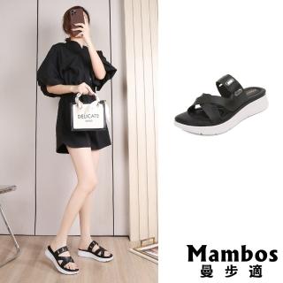 【Mambos 曼步適】厚底拖鞋 交叉拖鞋/復古交叉縷空金屬釦帶厚底拖鞋(黑)