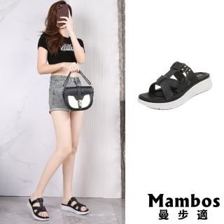 【Mambos 曼步適】坡跟拖鞋 厚底拖鞋/復古刻花T字交叉帶坡跟厚底拖鞋(黑)