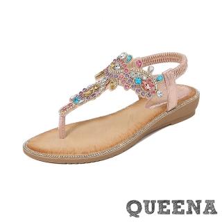【QUEENA】坡跟涼鞋 夾腳涼鞋/華麗彩色寶石民族風坡跟夾腳涼鞋(粉)